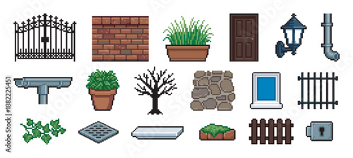 Set of pixel art game assets for building an exterior house scene, including a gate, fence, door, window, plants, and wall textures for a retro 8-bit video game