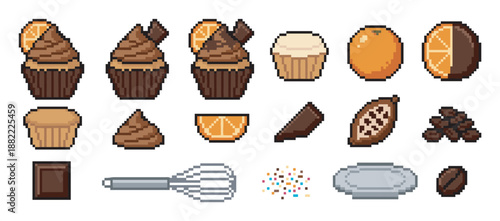 Pixel art set of chocolate orange cupcake icons and baking ingredients like cocoa, fruit, and kitchen tools for a retro 8-bit video game asset collection