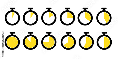 Stopwatch timer progress icons set showing time countdown stages in flat vector design
