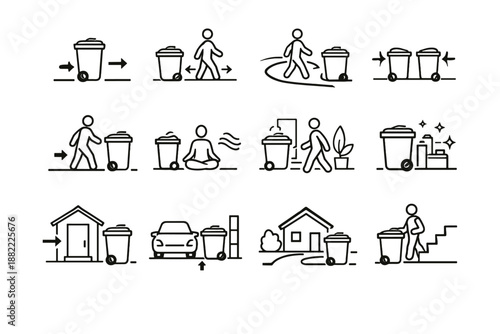 Calm bin clutter vector paths reduction habit icon step mindful home flow
