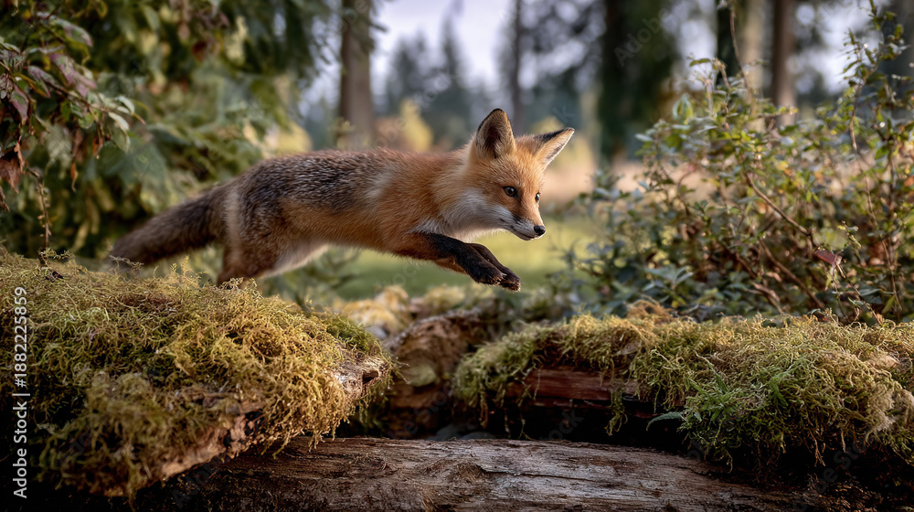 Fototapeta premium Fox Mid-Leap Over Mossy Log in Forest