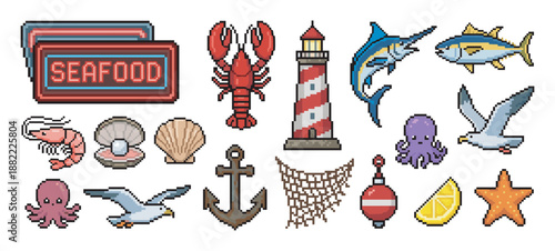 Collection of seafood and nautical pixel art icons featuring a lobster, fish, lighthouse, and anchor in a charming retro 8-bit video game style illustration set