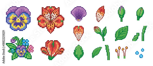 Pixel art flower constructor set with pansies, alstroemeria, petals, buds, and leaves for creating custom floral arrangements in a retro 8-bit video game style illustration