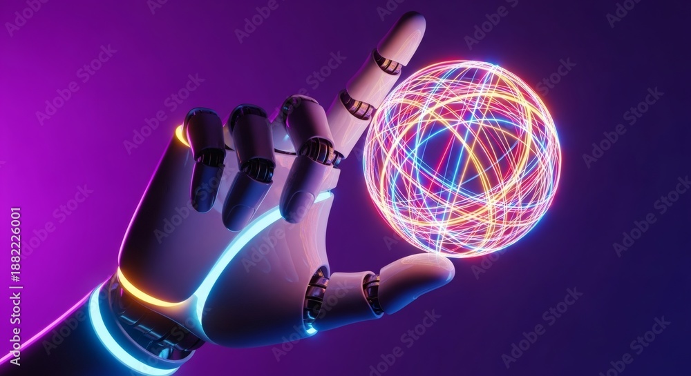 Fototapeta premium AI Robot Hand Holding Glowing Network Sphere Symbolizing Future Technology and Digital Connectivity