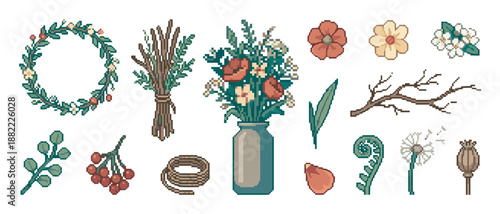 Collection of pixelated botanical illustrations with a flower wreath, a bouquet in a jar, twigs, berries, a dandelion, and a poppy pod in a vintage 8-bit graphic style