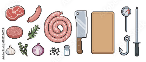 Pixel art icon set of meat, sausages, herbs, and butchery tools for a retro video game, featuring a cleaver, steak, spices, and a cutting board