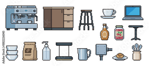 Pixel art set of coffee shop equipment and furniture icons including an espresso machine, table, stool, and food items for a retro video game aesthetic