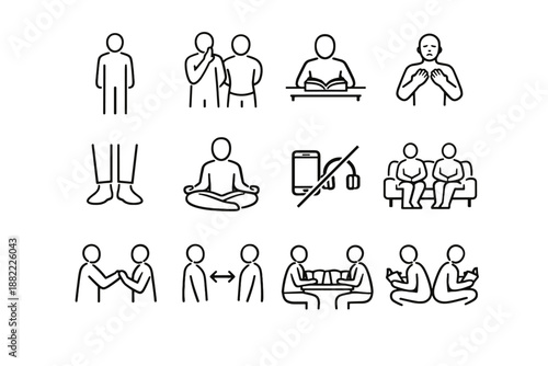 Posture quiet step coexistence cue habit social distraction study icon respect vector