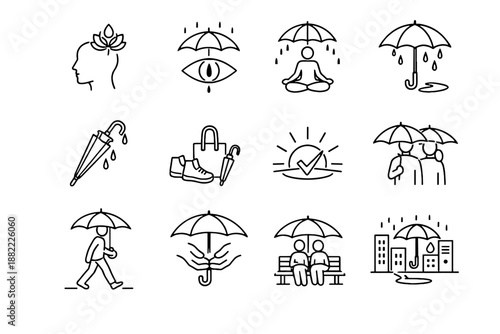 Drip etiquette concept icons minimalist routine rain basics vector focus umbrella mindful