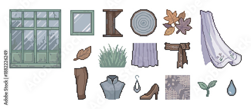 Collection of pixel art game assets featuring a window, clothing, and nature elements for a retro video game design project with a muted color palette and 8-bit aesthetic