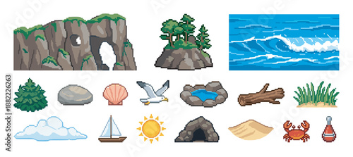 Collection of pixel art seaside elements including a rocky cliff, ocean wave, crab, sailboat, and other nature icons for a retro video game