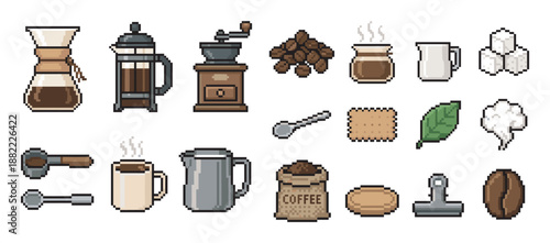 Set of pixel art coffee icons featuring brewing equipment like a french press, grinder, and pour-over maker, along with beans, a mug, and accessories in a retro 8-bit video game style