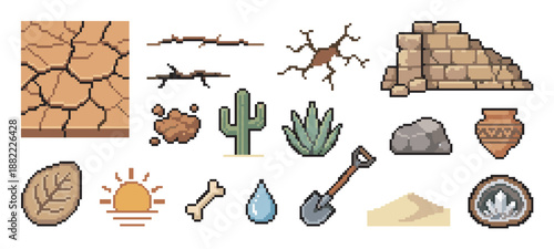 Pixel art game asset set with desert elements including a cactus, shovel, bone, fossil, and ancient ruins for a retro adventure or survival video game design