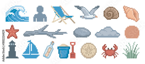 Pixel art beach and sea icon collection featuring a wave, shell, crab, sailboat, and lighthouse in a retro 8-bit video game style for digital asset creation and illustration