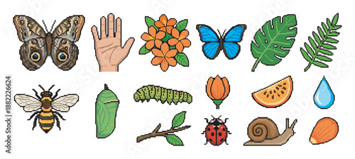 Pixel art icon set of nature elements featuring a butterfly, bee, snail, caterpillar, flower, and leaf in a retro 8-bit video game style for digital design assets