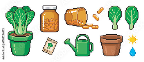 Pixel art icon set of gardening and health items including a potted bok choy, watering can, seed packet, vitamin pills, sun, and water drop in a retro 8-bit video game style