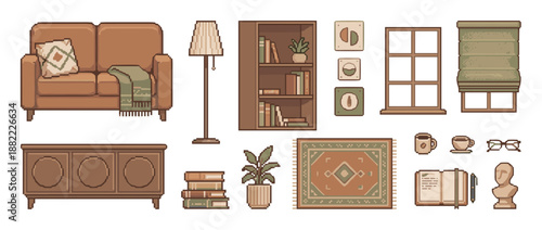 Pixel art set of cozy home furniture and interior decor items including a sofa, bookshelf, lamp, and rug in a warm, earthy color palette for a retro game asset collection