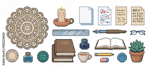 Pixel art collection of cozy vintage desk items including books, a fountain pen, inkwell, candle, lace doily, and stationery for a retro creative hobby concept