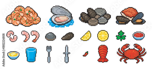 Pixel art seafood icon set with shrimp, crab, lobster, oyster, clam, and mussel illustrations for a retro 8-bit video game menu or digital design asset collection