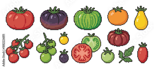 Pixel art collection of colorful tomatoes featuring various heirloom types like red, green, purple, and yellow, with some on the vine, one sliced, and a leaf in a retro gaming aesthetic