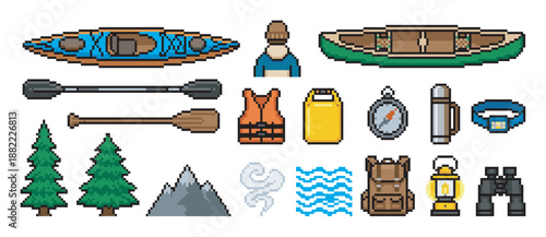 Collection of pixel art icons for outdoor adventure featuring a canoe, kayak, paddles, backpack, and camping gear in a retro 8-bit video game style asset collection