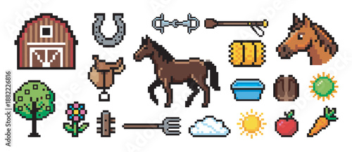 Pixel art farm and equestrian icon collection featuring a horse, barn, saddle, horseshoe, and other agricultural elements in a retro video game style