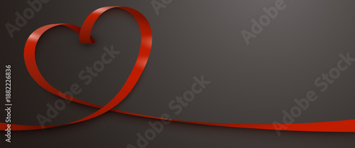 Elegant red ribbon forms a heart shape on a dark background, perfect for Valentines Day. This romantic graphic symbolizes love and passion. Vector illustration