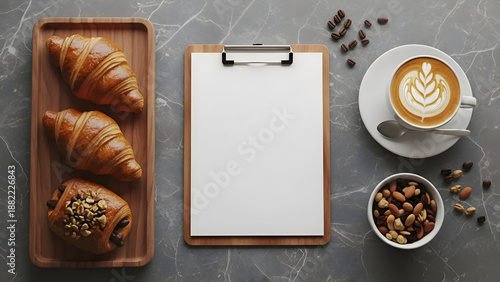 Croissants, Coffee Latte, Nuts and Blank Clipboard on Marble Table Top View breakfast pastry