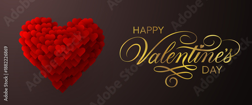 Happy Valentines Day greeting with a beautiful heart design, featuring golden calligraphy and a vibrant red heart. Vector illustration