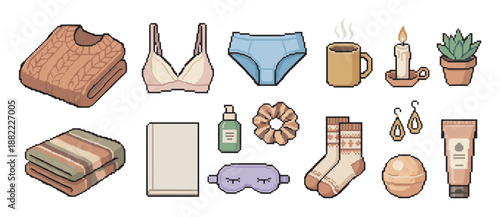 Pixel art collection of cozy hygge items for self-care and relaxation, including a sweater, candle, book, skincare products, and warm socks in a comforting aesthetic