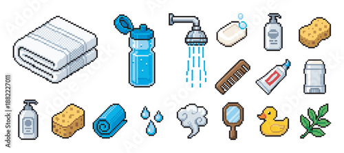 Pixel art icon set of bathroom and personal hygiene accessories including a towel, soap, shampoo, sponge, and rubber duck in a retro 8-bit video game aesthetic