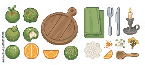 Pixel art collection of medieval dining elements with fruit, a wooden cutting board, cutlery, a napkin, and a candlestick for a fantasy RPG video game interface