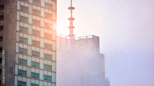 Photography Two skyscrapers on a sky background, perspective view from bottom to top