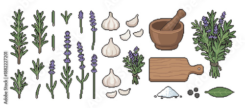 Pixel art collection of culinary herbs and spices including rosemary, lavender, garlic, salt, and pepper with a mortar and pestle, presented in a retro 8-bit video game style