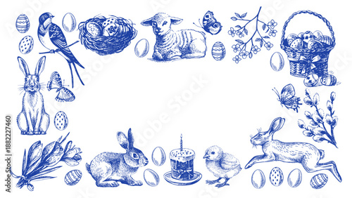 Vintage Easter hand drawn frame. Spring greeting cards and invitation design. Retro sketch vector illustration. Stickers collage elements