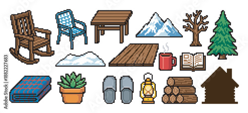 Pixel art asset pack of cozy cabin furniture and winter nature elements featuring a rocking chair, lantern, pine tree, mountains, and firewood for a rustic retreat theme