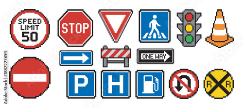 Collection of pixel art road signs including stop, speed limit, and traffic lights in a retro 8-bit video game style for transportation and city driving regulations