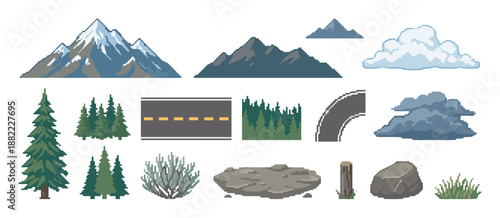 Collection of pixel art landscape elements for creating a nature scene, including mountains, trees, roads, clouds, and rocks in a retro 8-bit video game style illustration