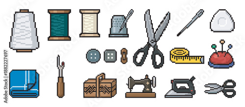 Set of pixel art sewing tools and haberdashery icons including a sewing machine, scissors, thread, and buttons in a retro 8-bit video game style illustration