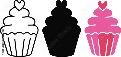 Cupcake with heart topping in outline silhouette and color dessert food