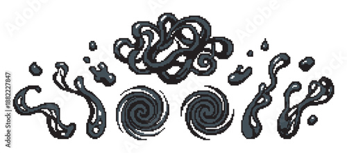 Pixel art set of black liquid splashes, drips, and swirls in a retro 8-bit video game style, featuring gooey slime, ink drops, and vortex shapes for fantasy or sci-fi design elements