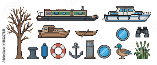 Pixel art icon set of boats, a duck, an anchor, and other nautical elements for a retro video game design, featuring a canal boat, yacht, and lifebuoy in an 8-bit style