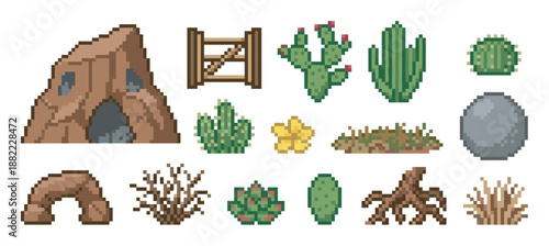 Pixel art game asset collection of desert elements with saguaro and prickly pear cacti, rock formations, a cave, dry bushes, and a wooden fence for retro game design