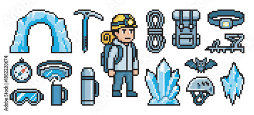Pixel art icon set of an ice climber and winter exploration equipment including an axe, rope, helmet, and compass in a retro 8-bit video game style illustration