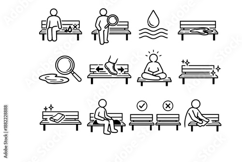 Care judgment sitting moisture vector situational icon puddle urban bench cleanliness focus
