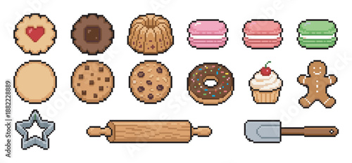 Pixel art baking and dessert icons set featuring cookies, macarons, a donut, cupcake, gingerbread man, and kitchen utensils in a charming retro 8-bit video game aesthetic