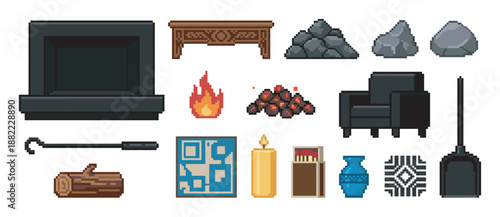 Pixel art set of fireplace and interior items including a hearth, armchair, log, and flame for a retro video game asset collection or digital design