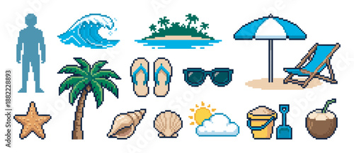 Set of retro pixel art summer beach vacation icons featuring a tropical island, palm tree, ocean wave, sunglasses, and deck chair in a vibrant 8-bit style