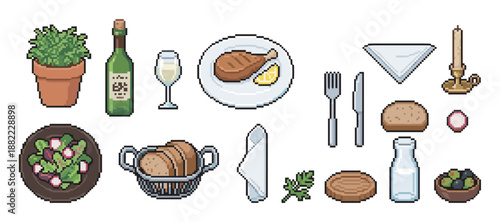 Set of pixel art restaurant icons featuring food, drinks, and tableware for fine dining, including steak, wine, salad, bread, and a candle with a retro video game aesthetic