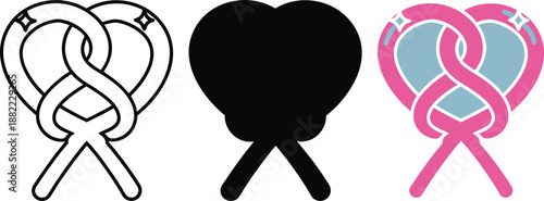 Heart shaped pretzel in outline black and pink colors with blue accents food snack